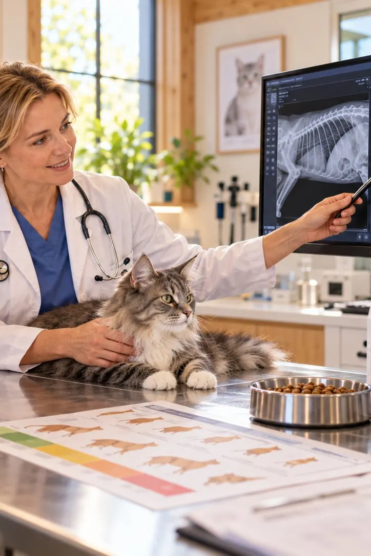 Tierärztin erklärt an einem Röntgenbild, eine Katze liegt auf dem Behandlungstisch