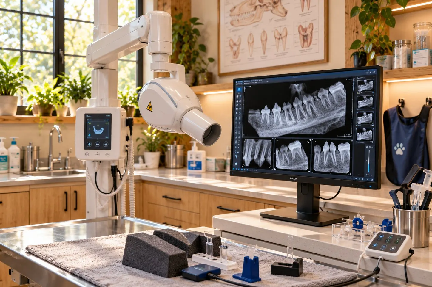 Dentales Röntgengerät und Zahnröntgenbilder am Monitor